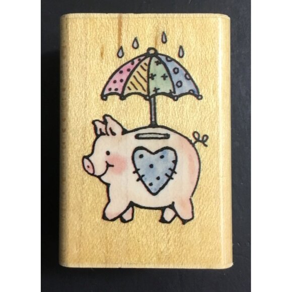Penny Black Pig With Umbrella Piggy Bank Rubber Stamp  "For A Rainy Day" 1996 - Picture 1 of 4